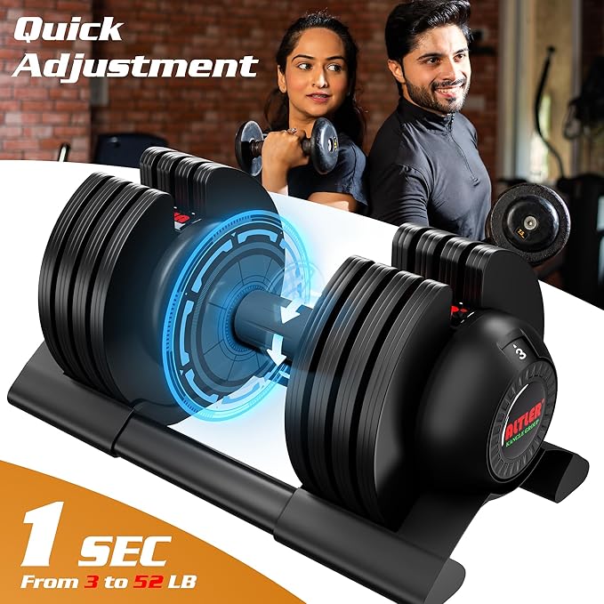 Adjustable Dumbbell,22LBS 44LBS 52LBS Dumbbell Set with Tray for Fitness, Fast Adjust Weight by Turning Anti-Slip Handle, Safety with 8 Lock Slots, Suitable for Men and Women