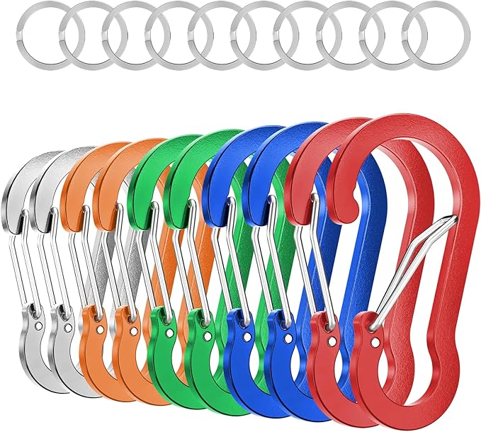 sprookber 3.2 Inch Aluminum Carabiner Clips D Ring, Caribeaner Spring Snap Hook with Keychain for Camping, Hiking, Gym & Outdoor Gear, Set of 10