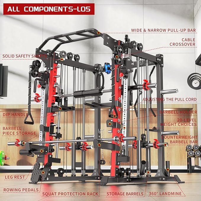 Smith Machine Power Rack Multifunctional Power Cage Deep Squat Rack Cable Crossover System Selectable More Training Attachment for Garage & Home Gym