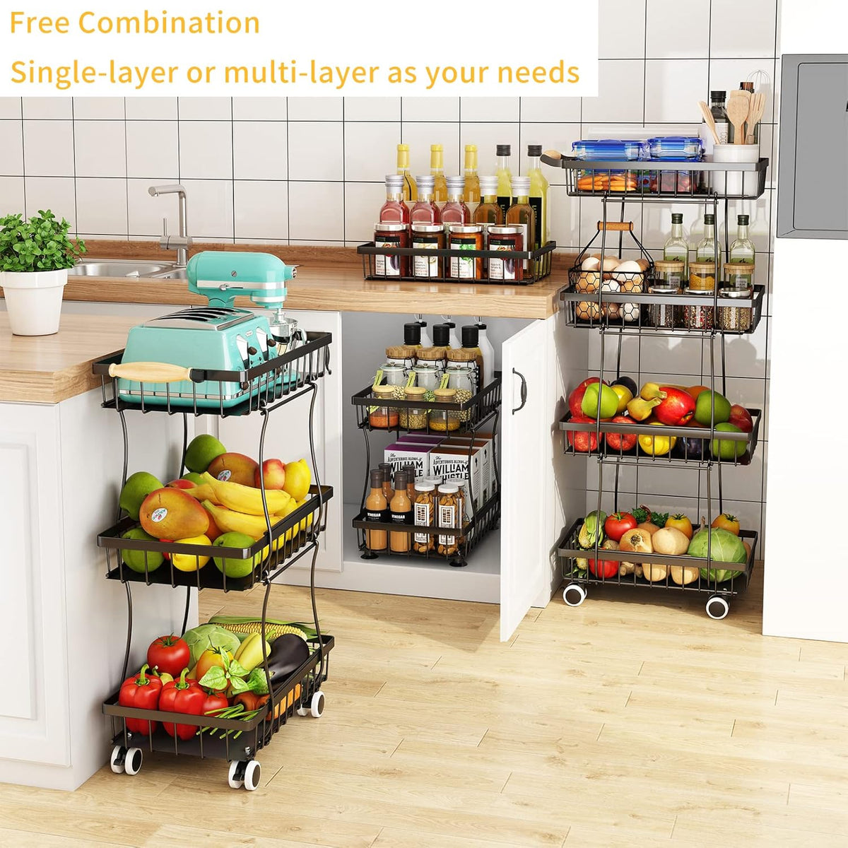 Fruit Vegetable Storage Basket for Kitchen - 4 Tier Slim Stackable Metal Wire Basket Cart with Rolling Wheels Utility Rack Onions Potatoes Organizer Bins for Kitchen Pantry Black
