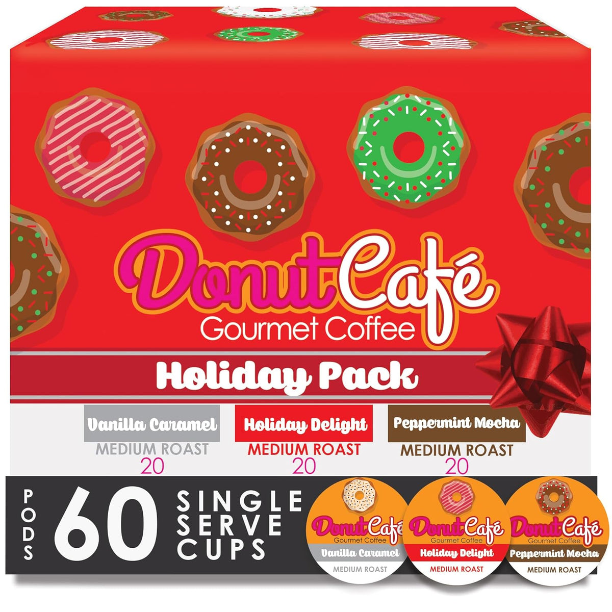 Donut Cafe Holiday Pack (Holiday Delight, Pmint Mocha, VanCaramel) 60ct Single Cup