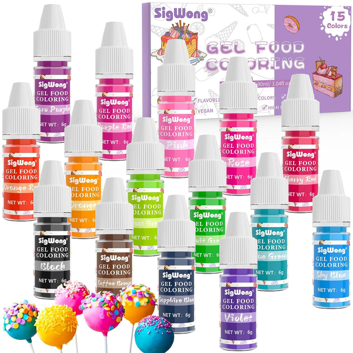 Gel Food Coloring - 15 Colors Flavorless Gel Based Food Color Dye, Vibrant Edible Concentrated Food Coloring for Cake Cookie Decorating, Easter Egg, Icing, Fondant, Baking, Macaron (6g/Bottle) - Vegan