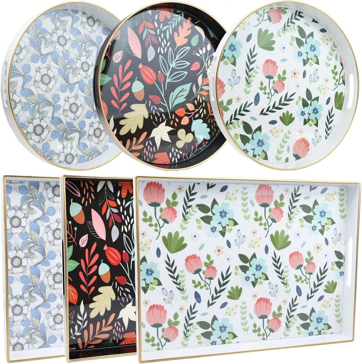 Round Serving Tray with Handles, Modern Floral Pattern, Perfect for Coffee Table, Ottoman, or Vanity, Lee33wh Color, Plastic Material