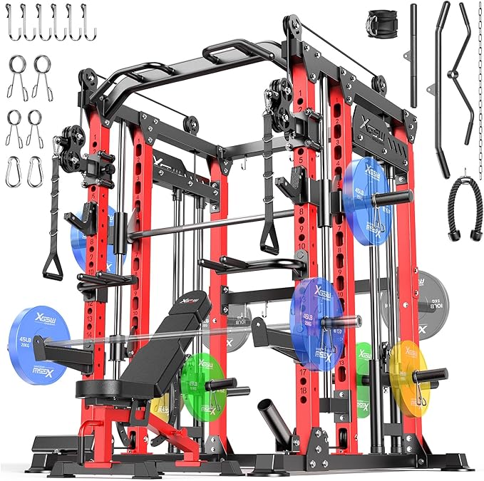 Smith Machine with Cable Crossover System, Multi-Function Power Cage Squat Rack for Home Gym, Power Rack and Packages Weight Sets.