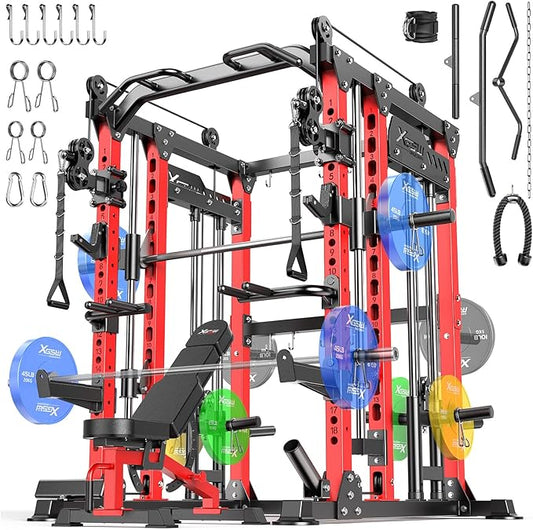 Smith Machine with Cable Crossover System, Multi-Function Power Cage Squat Rack for Home Gym, Power Rack and Packages Weight Sets.