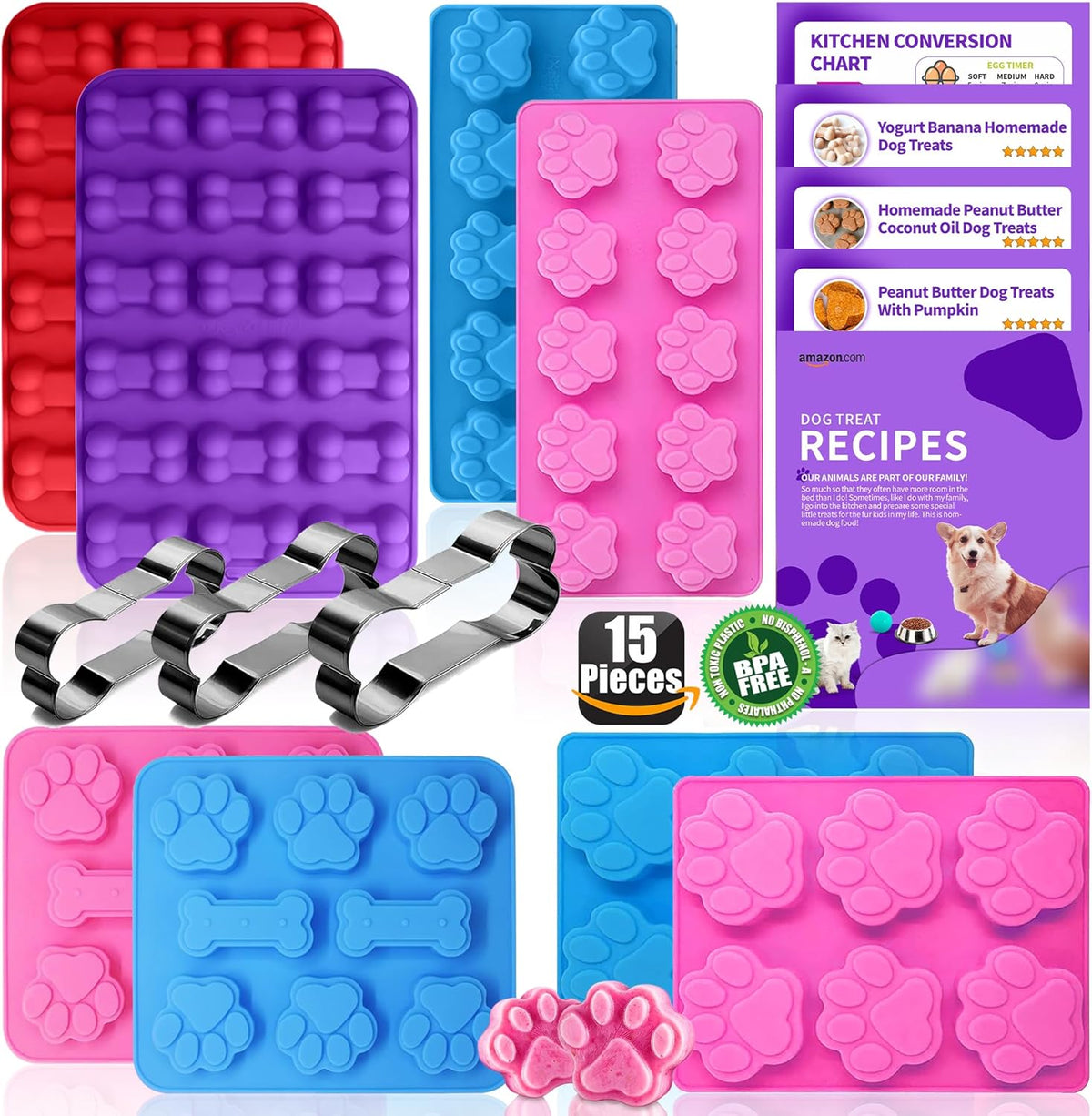 Homemade Silicone Dog Treat Molds - Dog Treat Cookie Cutters - Dog Treat Recipes Card, Food Grade Silicone Molds for Candy and Dog Ice Cubs - Set of 15