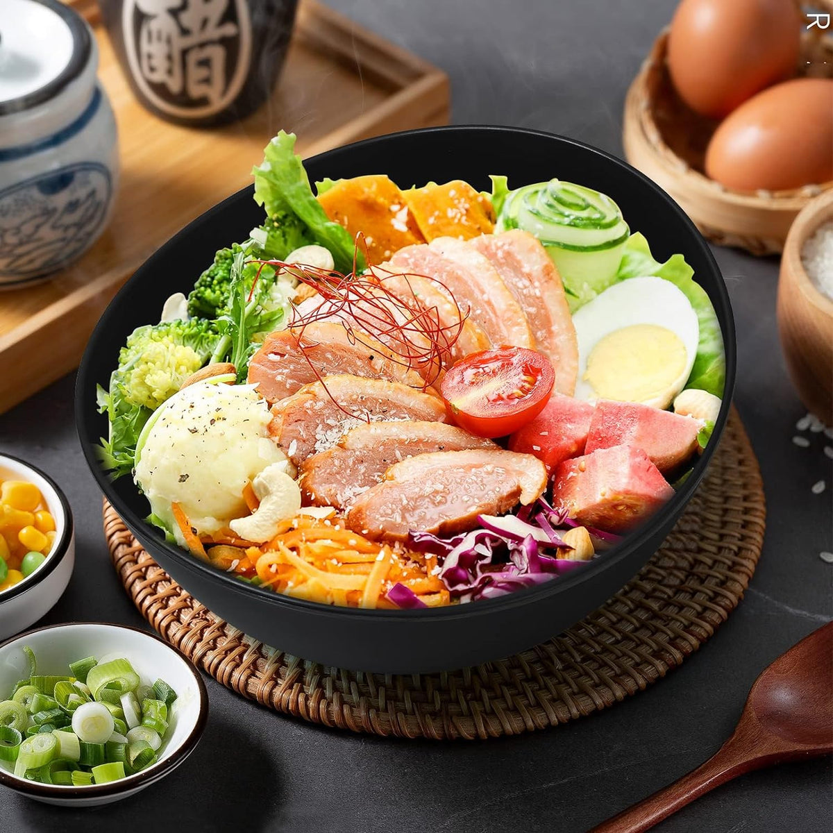 9.6'' Serving Bowls, 84oz Bamboo Fiber Salad Set of 4, Large for Kitchen, Deep Oval for Salad, Vegetable, Fruit, Pasta, Ramen, Lightweight & Easy to Clean (Matte Black)