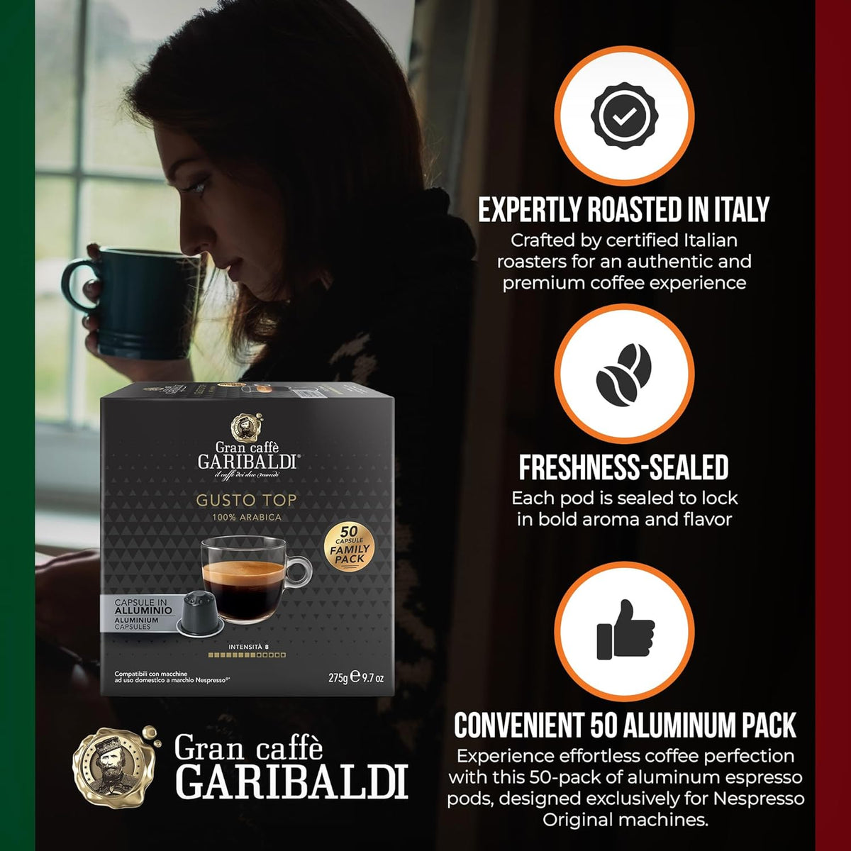Gran Caffè Garibaldi Espresso Pods, Italian Roasted Compatible Nespresso Original Line Machines, 100% Arabica Blend, Brazilian & Central American Beans, Cocoa Aroma - Gusto Top (Aluminum) 200 Cups