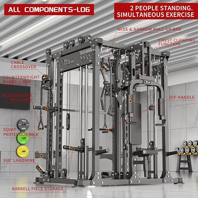 Smith Machine with Cable Crossover System, Multi-Function Power Cage Squat Rack for Home Gym, Power Rack and Packages Weight Sets.