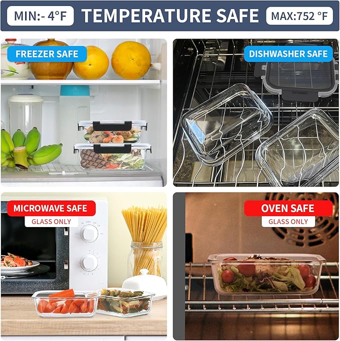 6 Pack Glass Meal Prep Containers, Food Storage Containers, Airtight Bento Boxes with Leak Proof Lids, Freezer to Microwave Safe