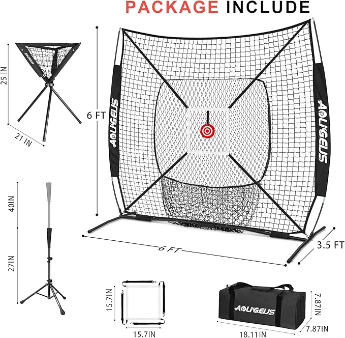6'X6' Baseball Softball Practice Net with Batting Tee and Ball Caddy, Bonus Strike Zone Target and Bow Frame, for Hitting, Pitching, Catching