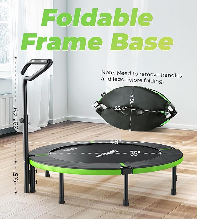 BCAN 40"/48" Foldable Mini Trampoline, Rebounder Trampoline for Adults, U/T Shape Adjustable Foam Handle, Exercise Rebounder for Adults Indoor/Garden Workout, Max Load 330lbs/440lbs