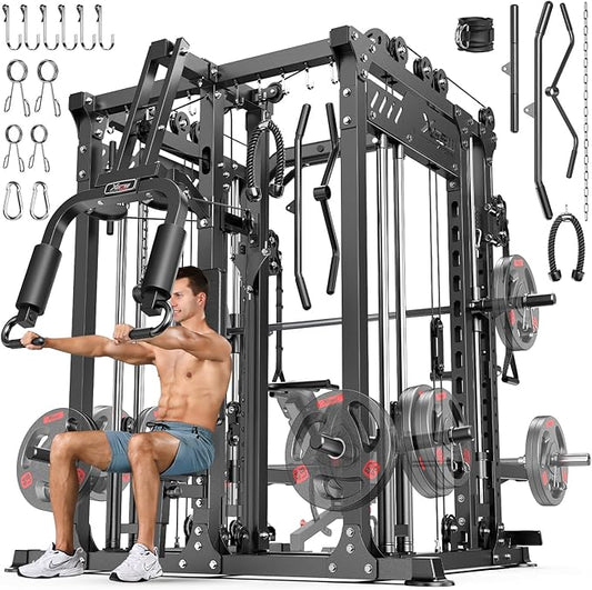 Smith Machine with Cable Crossover System, Multi-Function Power Cage Squat Rack for Home Gym, Power Rack and Packages Weight Sets.