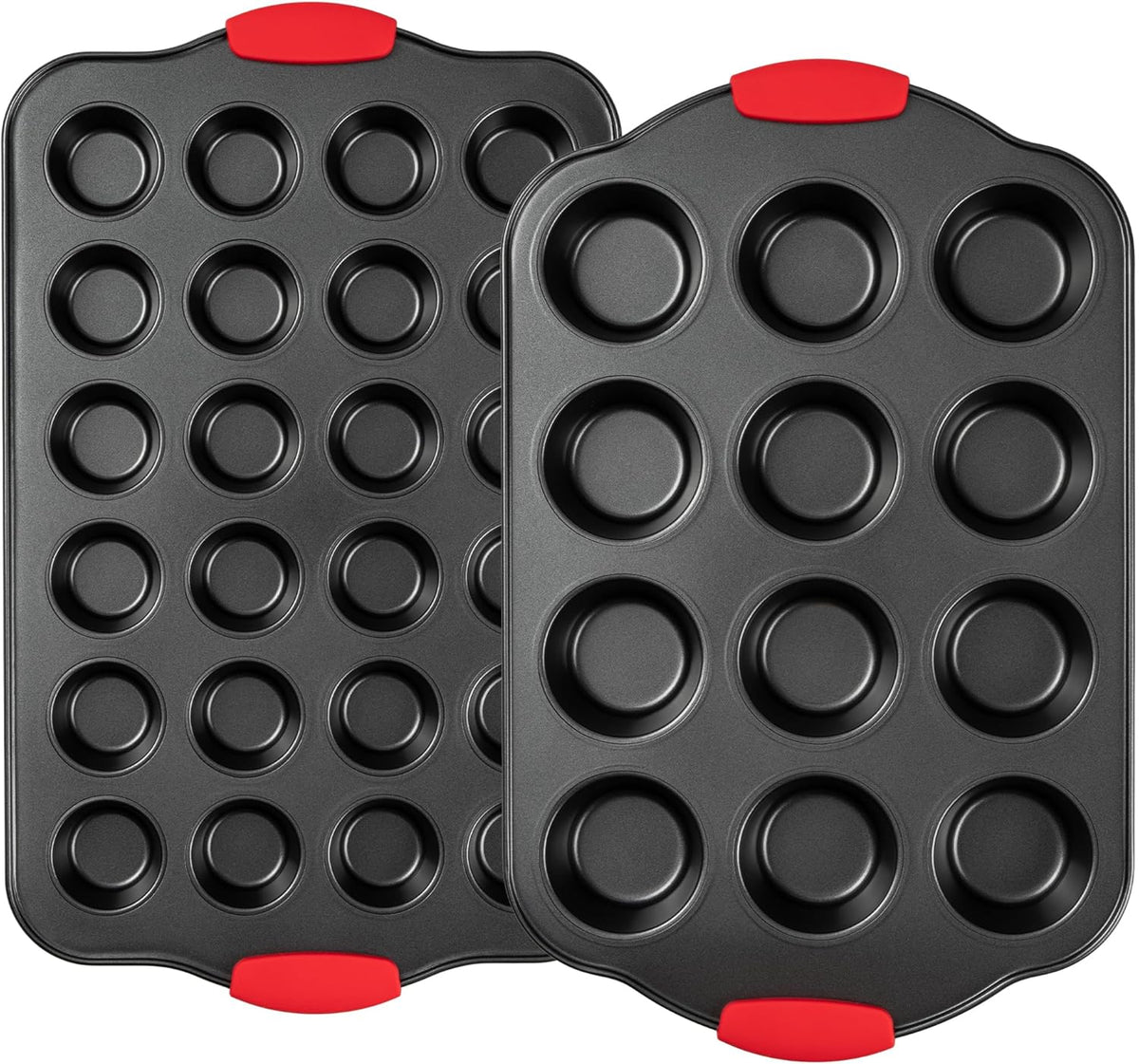 Tiawudi Muffin Pan, Nonstick Cupcake Pan Set, 2 Pack Heavy Duty Muffin Tins for Baking, 12-Cup Regular and 24-Cup Mini Bareware Tray with Silicone Grip Handles