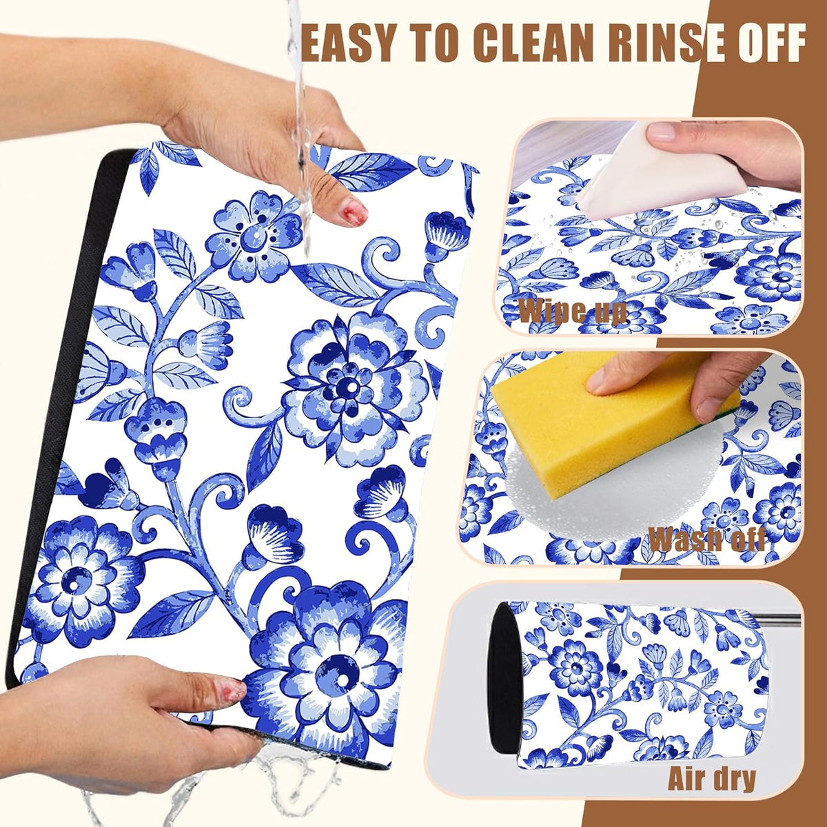 Dish Drying Mat Watercolor Blue Flowers Coffee Bar Mat for Countertop Absorbent Rubber Backed Hide Stain Dish Drainer Rack Pad Coffee Maker Espresso Machine Dining Room Decor 11.8 x 19.7 Inch