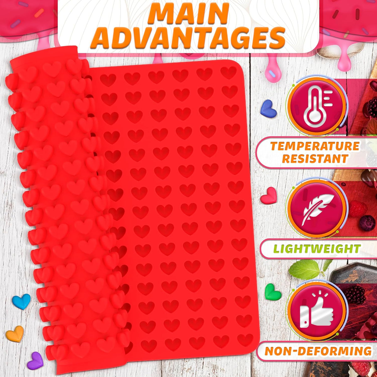 255 Cavities Mini Hearts Mold - 15.4" x 10.9" Mini Heart Silicone Mold for Making Candies, Chocolates and Gummies - Red Heart Ice Cube Tray with Easy Demolding, Flexible & Durable Heart Molds Silicone