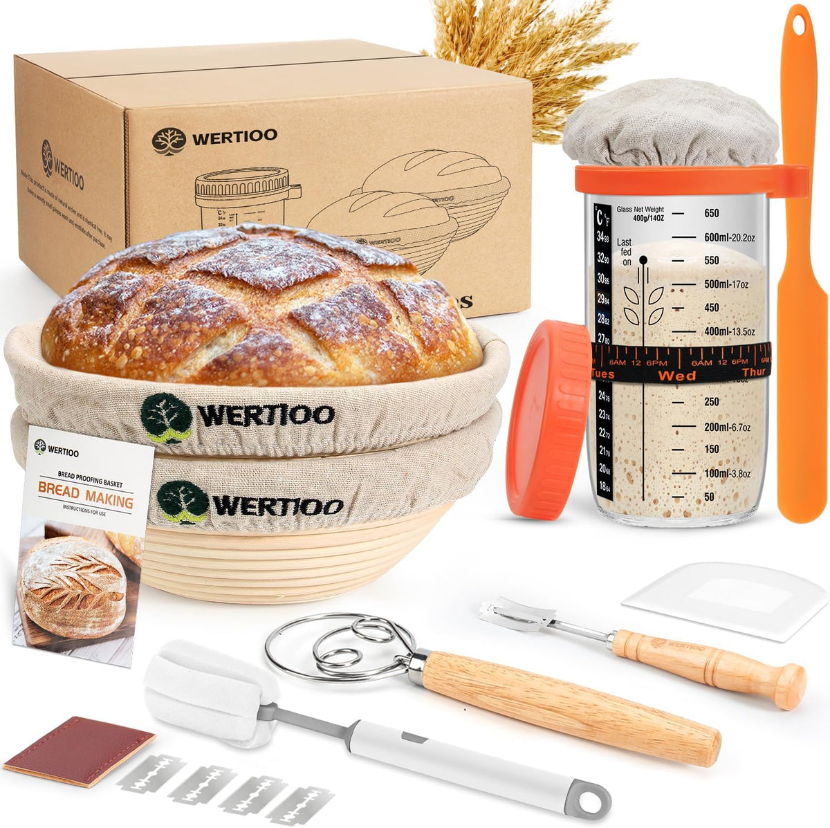 Sourdough Bread Baking Supplies, Sourdough Starter Kit, 2 9 Inch Round Banneton Bread Proofing Basket with 24 Oz Glass Jar, Sour Dough Tools with Danish Dough Whisk & Scraper