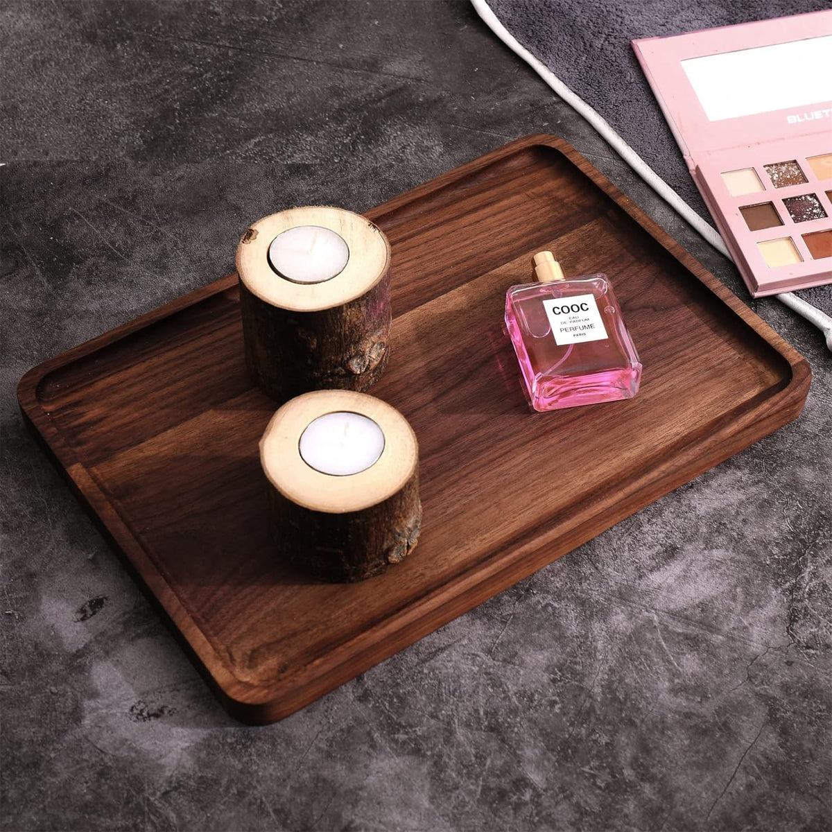 Rustic Walnut Wood Serving Tray, 13"x9" Rectangle Platter, Tea/Coffee Table Tray, Kitchen Decor, Wood Dessert Cup & Vanity Tray for Jewelry