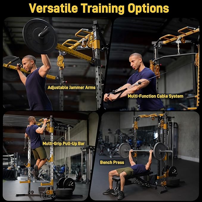 Power Rack with Dual Pulley System, Cable Crossover, LAT Pulldown, Bench Press & Squat Rack, Full Body Strength Training Cage for Home Gym