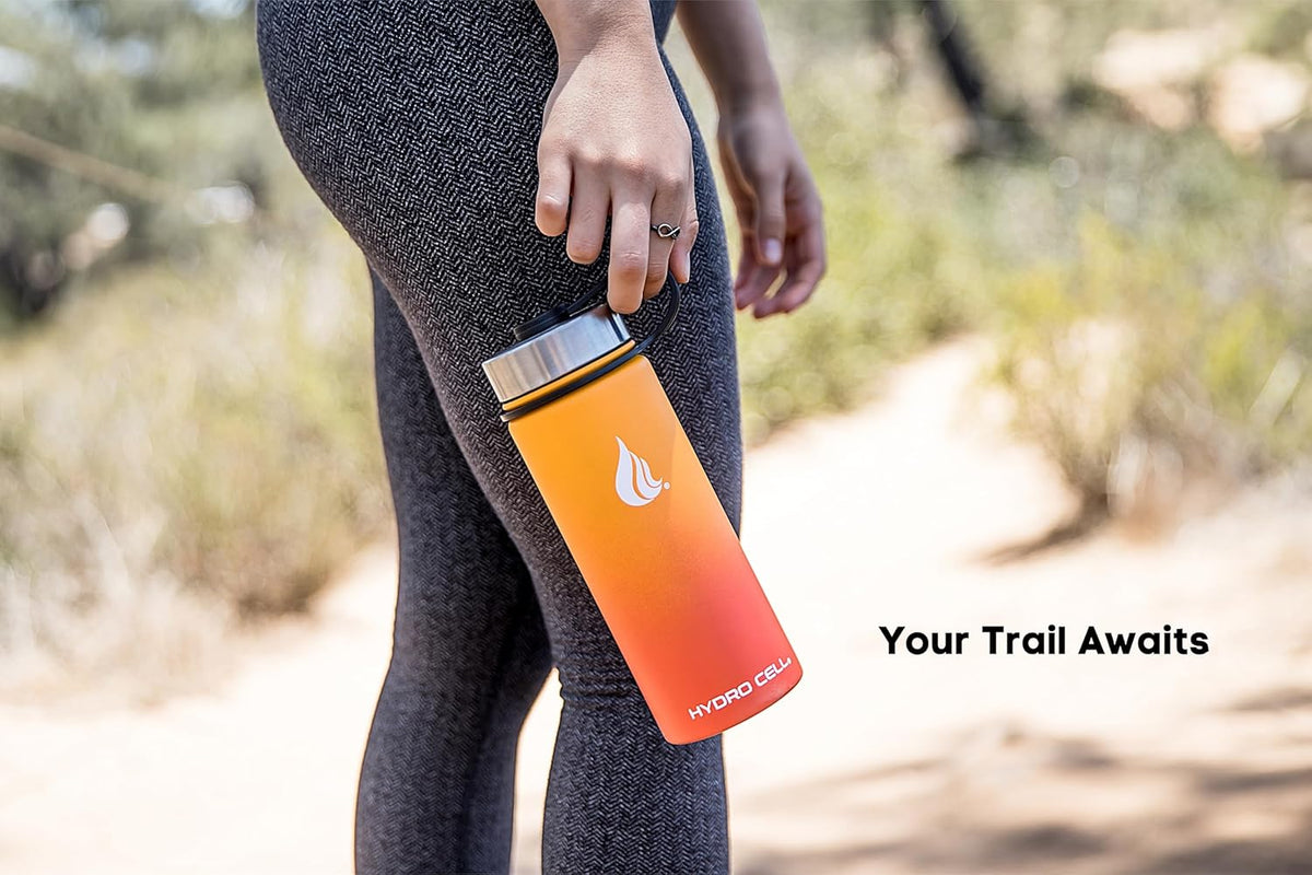 HYDRO CELL Stainless Steel Insulated Water Bottle with Straw - For Cold & Hot Drinks - Metal Vacuum Flask with Screw Cap and Modern Leakproof Sport Thermos for Adults (Red/Orange 18oz)