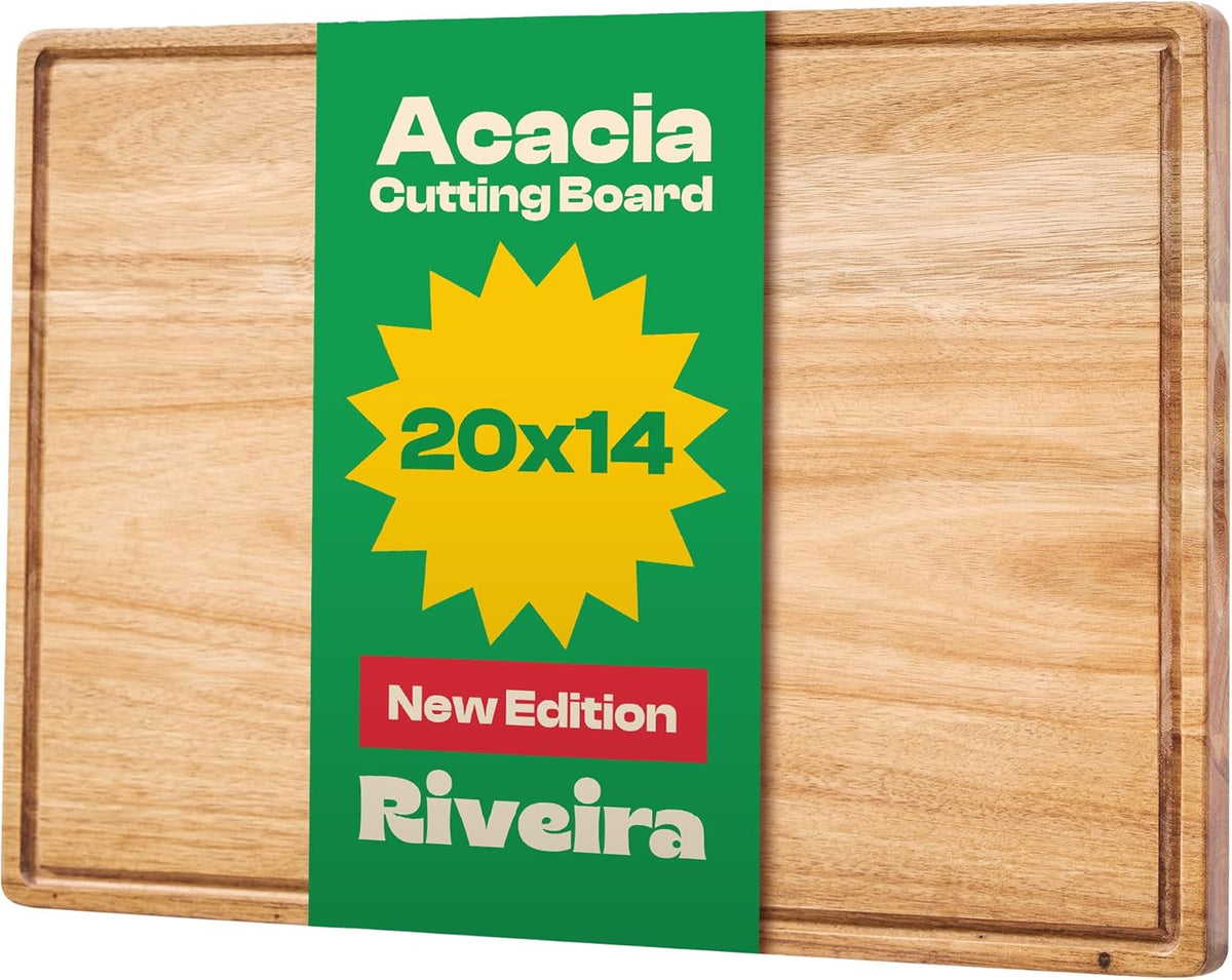 Riveira Acacia Wood Cutting Board – Gourmet Acacia Grandeur: 20 x 14 Wooden Cutting Board – Natural Wooden Cutting Boards For Kitchen Decorative – Innovative Juice Grooves Acacia Wooden Chopping Board