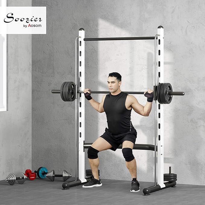 Soozier Squat Rack with Pull-Up Bar, Adjustable Power Rack with Barbell Bar, Multi-Functional Bench Press Rack for Home Gym Strength Training