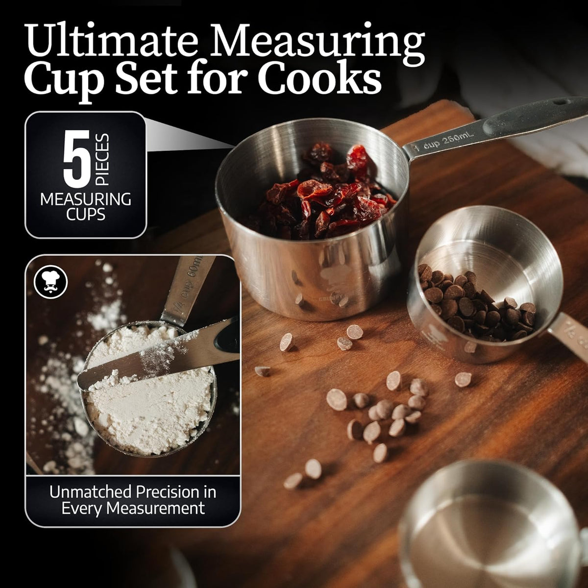 GRUMPY CHEF Stainless Steel Measuring Cups and Spoons Set with Magnetic Leveler – 13-Piece Nesting Set, Dual-Sided Magnetic Spoons, Flat Bottom Design for Stability – Rust-Resistant, Dishwasher Safe