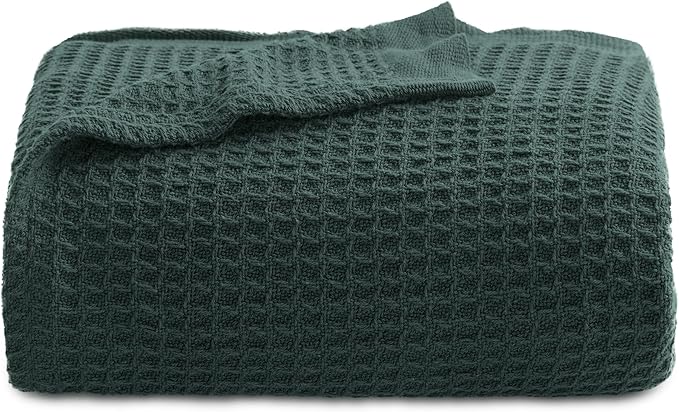Bedsure 100% Cotton Blanket Twin XL Size for College Dorm - Breathable and Soft, Waffle Weave Twin Blanket for Summer, Dorm Room Essentials, Dark Green, 66x90 inches