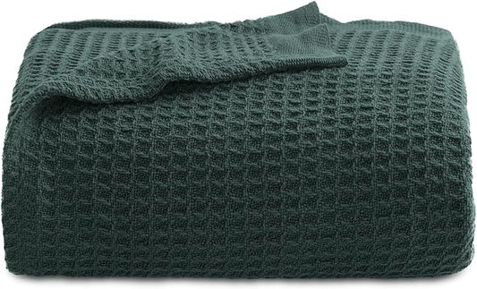 Bedsure 100% Cotton Large Throw Blanket for Couch 50x70 inches - Breathable and Soft, Waffle Weave Throw Blanket for Office, Dark Green