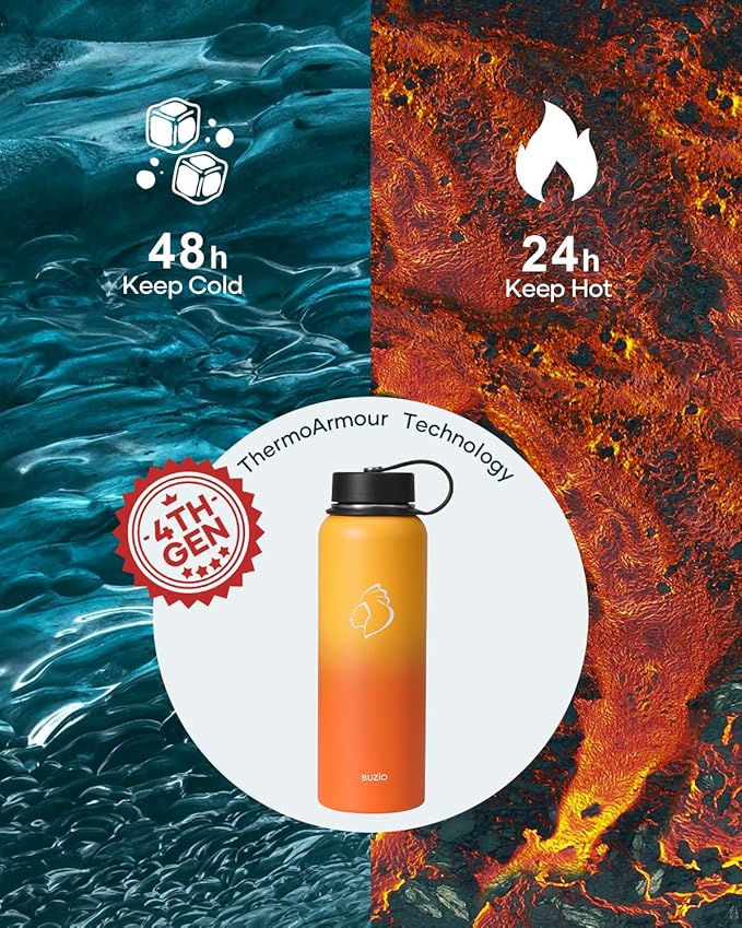 BUZIO 40oz Insulated Water Bottle, Triple Wall Vacuum Stainless Steel Water Flask with 2 lids, Lead-Free BPA-Free Straw Lid Sports Canteen Jug, Cold 48H & Hot 24H- Yellow Orange