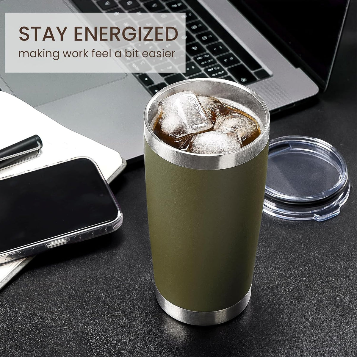 MEWAY 20oz Tumbler 12 Pack Double Wall Vacuum Insulated Travel Mug Bulk, Stainless Steel Tumblers with Lid and Straw, Durable Powder Coated Coffee Cups for Cold & Hot Drinks (Army Green, 12)