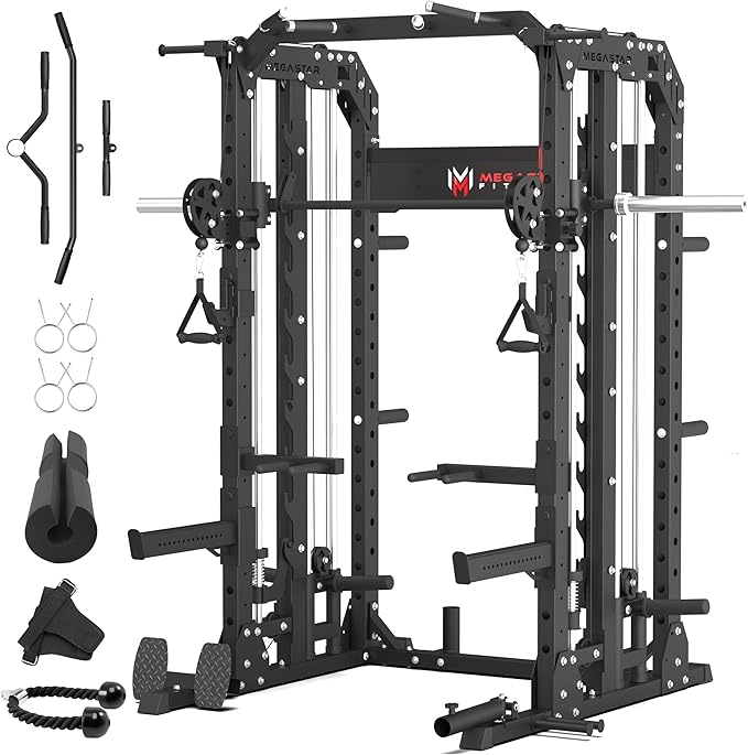 Smith Machine Home Gym with Aluminum Pulley Set- 2000lbs Capacity All-in-One Power Rack with Cable Crossover, Pull-Up Bar & Dip Station, Includes 18 Attachments, P107 Anvil