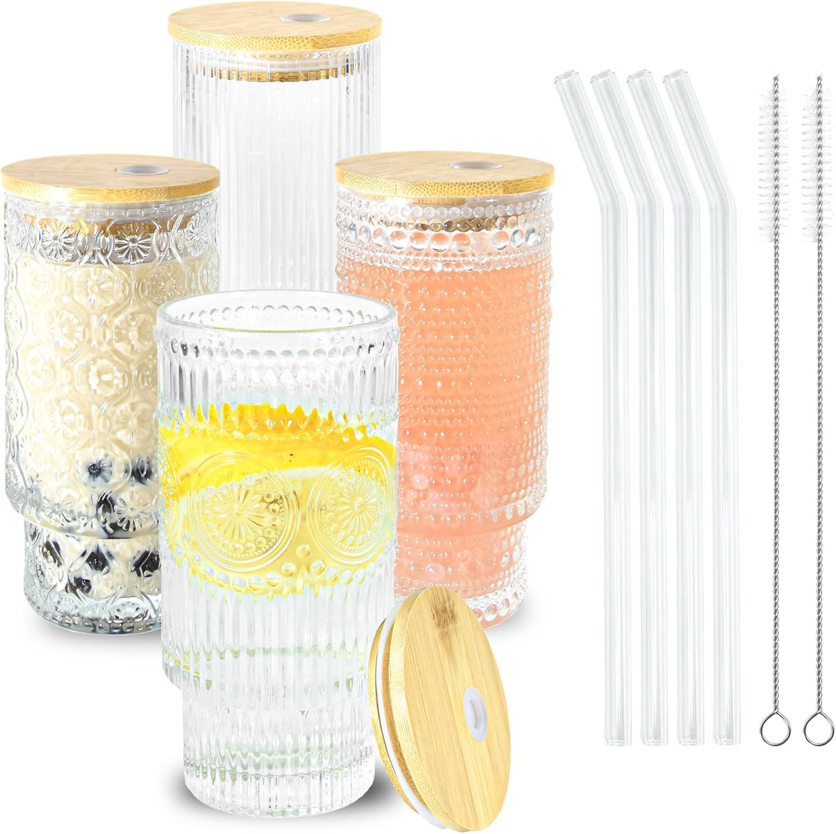 4 Pcs 11 oz Drinking Glasses Cups Set with Bamboo Lids Straws Brush Small Glassware Set for Mojito Iced Coffee Cocktail Whiskey(4 Mixed Pattern)