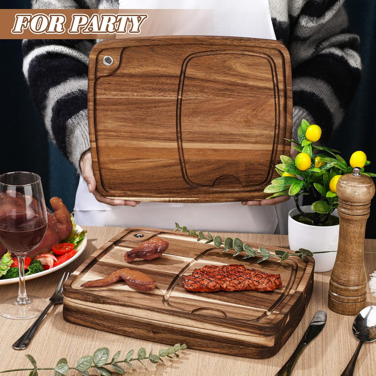 Uiifan 10 Pcs Steak Plates with Juice Channel Wooden Steak Board Set Acacia Cutting Serving Board for Home Serving Eating Meat Dishes Snack Dessert, 13 x 11 x 0.6 Inch