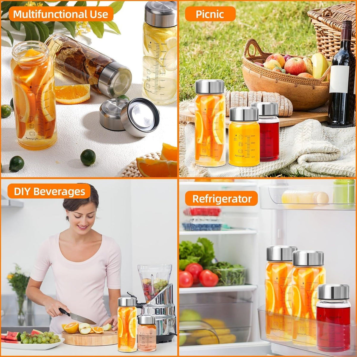 Glass Juice Bottles 10 oz - Wide Mouth Glass Water Bottles with Lids and Sleeve- for Juicing, Smoothies, Milk, Protein, Reusable, Stainless Steel Lids, Leak Proof, Shaker bottle (10oz/300ml)