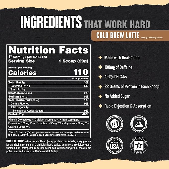 Animal 100% Whey Protein Powder Instant Iced Coffee – Real Coffee for Preworkout, Post Workout Whey Blend + 20g of Protein Shake, 120mg of Caffeine Meal Replacement with BCAA – Cold Brew Latte, 1 lb