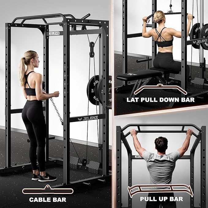 S21 Power Cage, Multi-Function Power Rack with Adjustable Cable Crossover System, 2000LBS Squat Rack for Home Gym with More Training Attachments