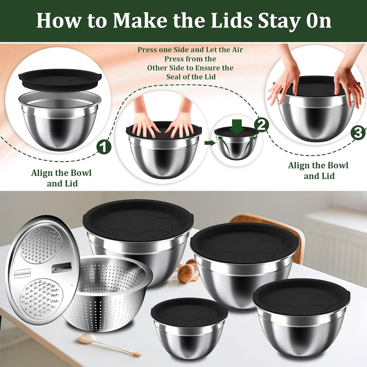 Mixing Bowls with Lids Set, 16PCS Stainless Steel Mixing Bowls,Nesting Storage Bowls for Kitchen with Mixing Bowl, Colander, Strainer & Grater, Metal Salad Bowl for Kitchen Gadgets, Black
