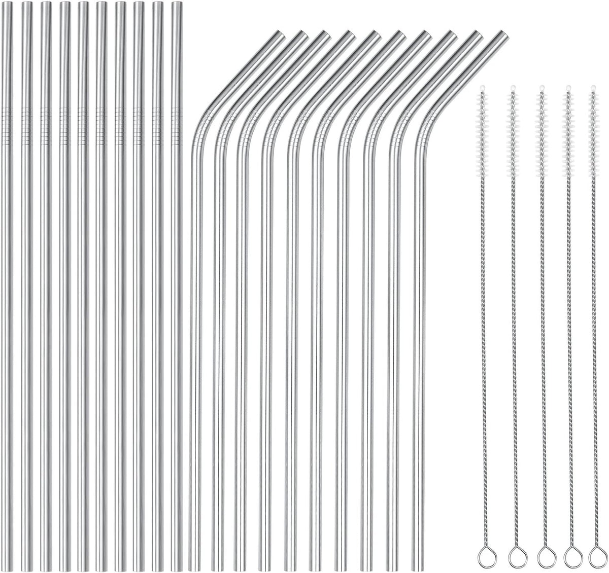 wholesale 25 Piece Set Stainless Steel Straws Ultra Long 10.5 Inch Drinking Metal Straws Reusable Drinking Straws for 20 30 OZ (10 Straight | 10 Bent | 5 Brushes)