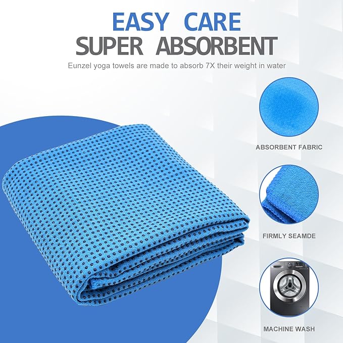 Eunzel Yoga Towel,Hot Yoga Mat Towel with Grip Dots Sweat Absorbent Non-Slip for Hot Yoga, Pilates and Workout 24" x72", Blue
