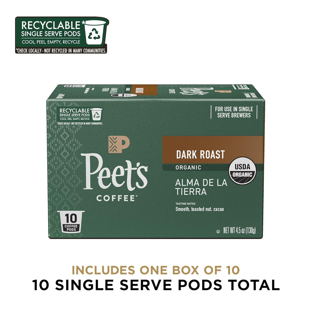 Peet's Coffee, USDA Organic Dark Roast Single Serve Coffee Pods - Alma de la Tierra 10 Count (1 Box of 10 Pods)