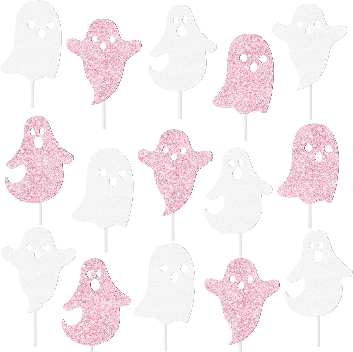 Halloween Ghost Cupcake Decoration 24Pcs Ghost Cupcake Toppers Double Sided Glitter White Pink Halloween Birthday Baby Shower Supplies for Ghost Boo Theme Party Cake Decor
