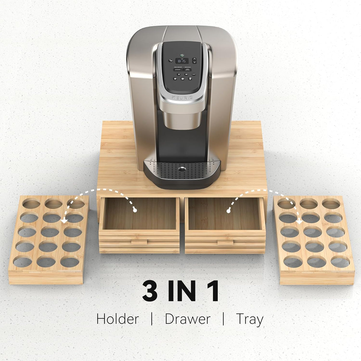 Bamboo K-Cup Pods Holder Organizer - 60 Pod Capacity with 2 Sliding Drawers & 2 Coffee Pod Holder Inserts, Elegant Tea Bag Storage Box for Home, Office & Kitchen Countertop (39.4"x8.2"x8.2")
