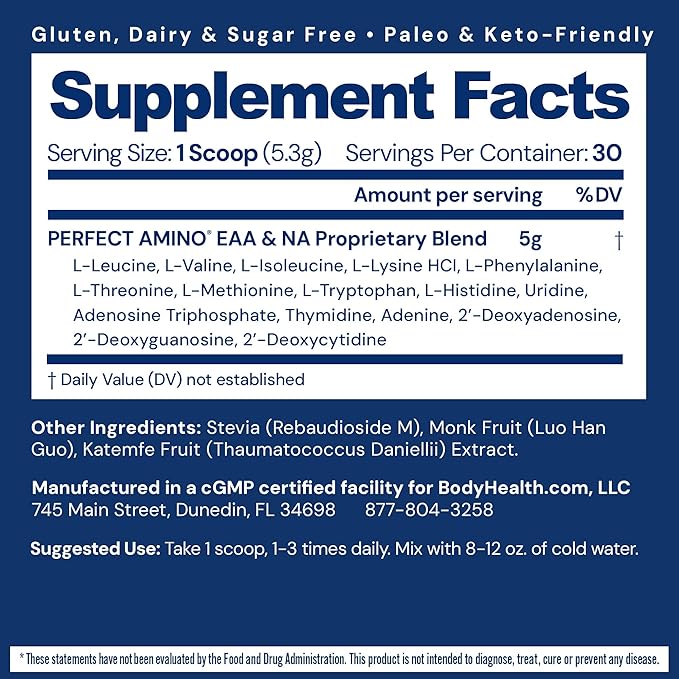 BodyHealth PerfectAmino Powder - BCAA and EAA Powder for Pre and Post Workout - Amino Acid Energy Drink for Men and Women to Support Lean Muscle and Recovery - Unflavored - 30 Servings