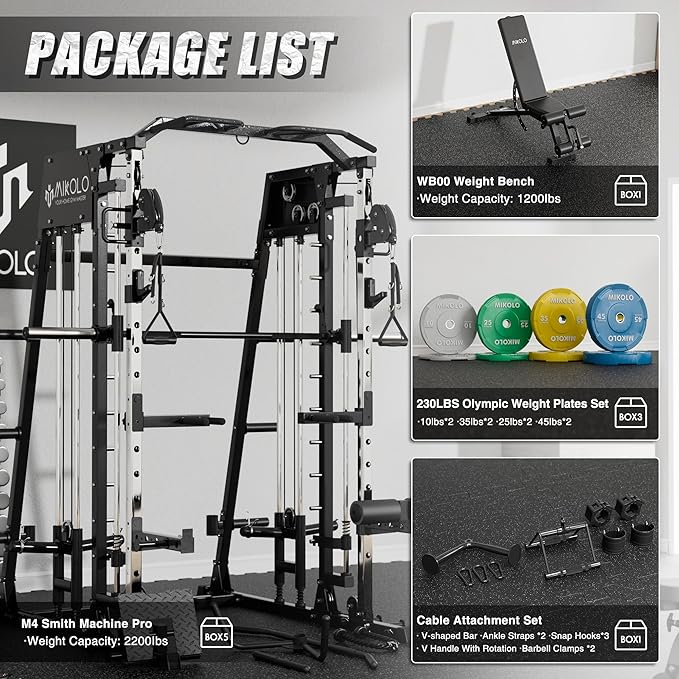 Mikolo Smith Machine, 2200lbs Squat Rack with LAT-Pull Down System & Cable Crossover Machine, Training Equipment with Leg Hold-Down Attachment