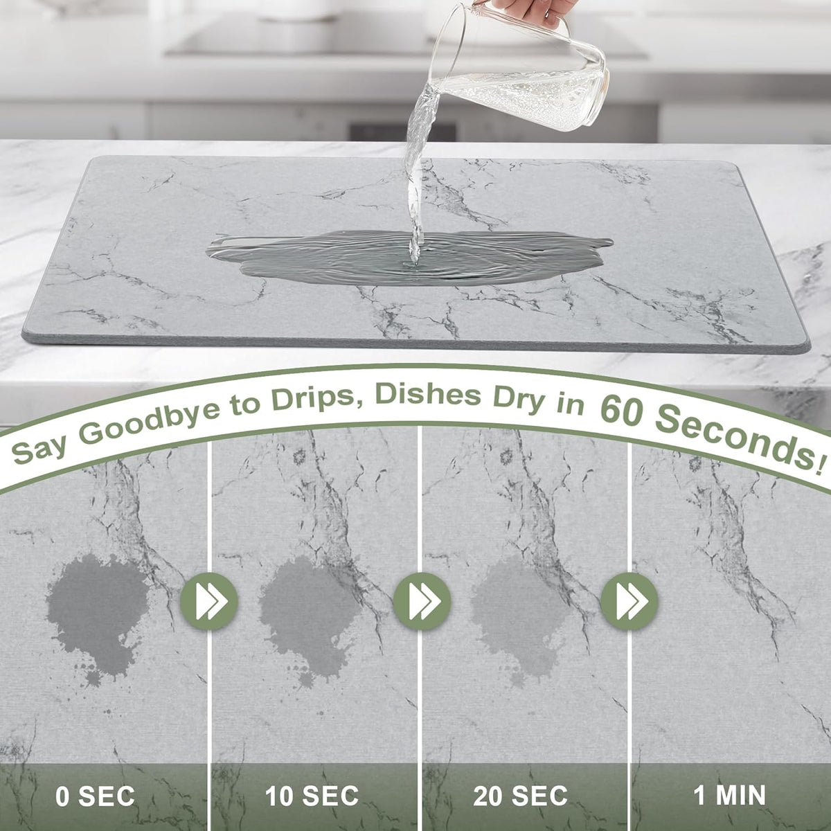 Large Stone Drying Mat for Kitchen Counter, 24" × 16" Diatomite Dish Drying Mat, Quick Dry Stone Mats, Ultra Absorbent Natural Diatomaceous Earth Mats for Dished, Bottles, Grey Marble