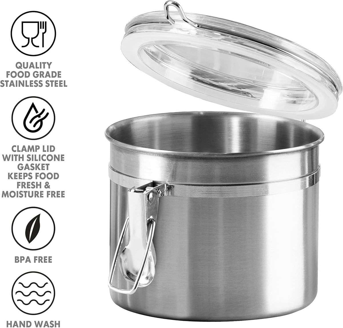 OGGI Stainless Steel Kitchen Canister 26 fl oz - Airtight Clamp Lid, Clear See-Thru Top - Ideal for Kitchen Storage, Food Storage, Pantry Storage. Size 5" x 3.5".