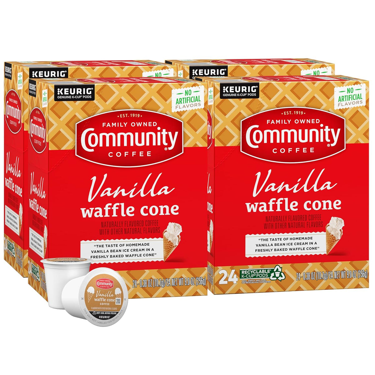 Community Coffee Vanilla Waffle Cone 96 Count Coffee Pods, Ice Cream Flavored, Compatible with Keurig 2.0 K-Cup Brewers, 24 Count (Pack of 4)