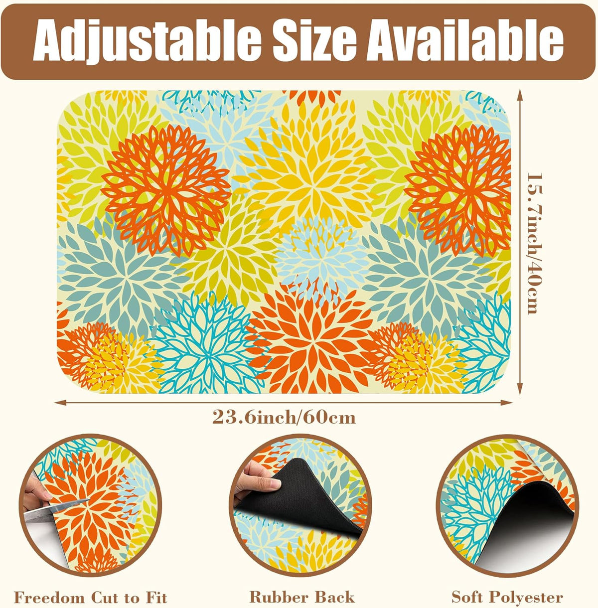 Orange and Blue Chrysanthemum Flower Coffee Mat Absorbent Dish Drying Mat Hide Stain Rubber Backed Coffee Bar Accessories Fit Under Espresso Machine Cafe Table 15.7 x 23.6 Inch