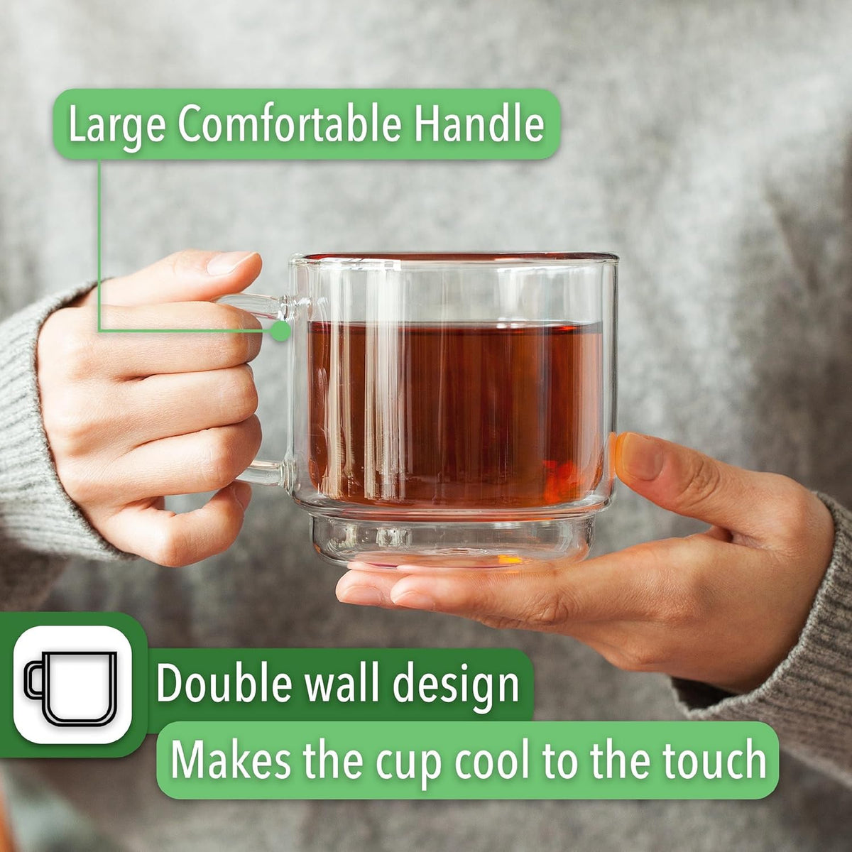 BTaT- Stackable Insulated Coffee Mugs, Glass Tea Mugs, Set of 4 (12 oz, 350 ml), Double Wall Glass Coffee Cups, Tea Cups, Latte Cups, Beer Glasses, Latte Mug